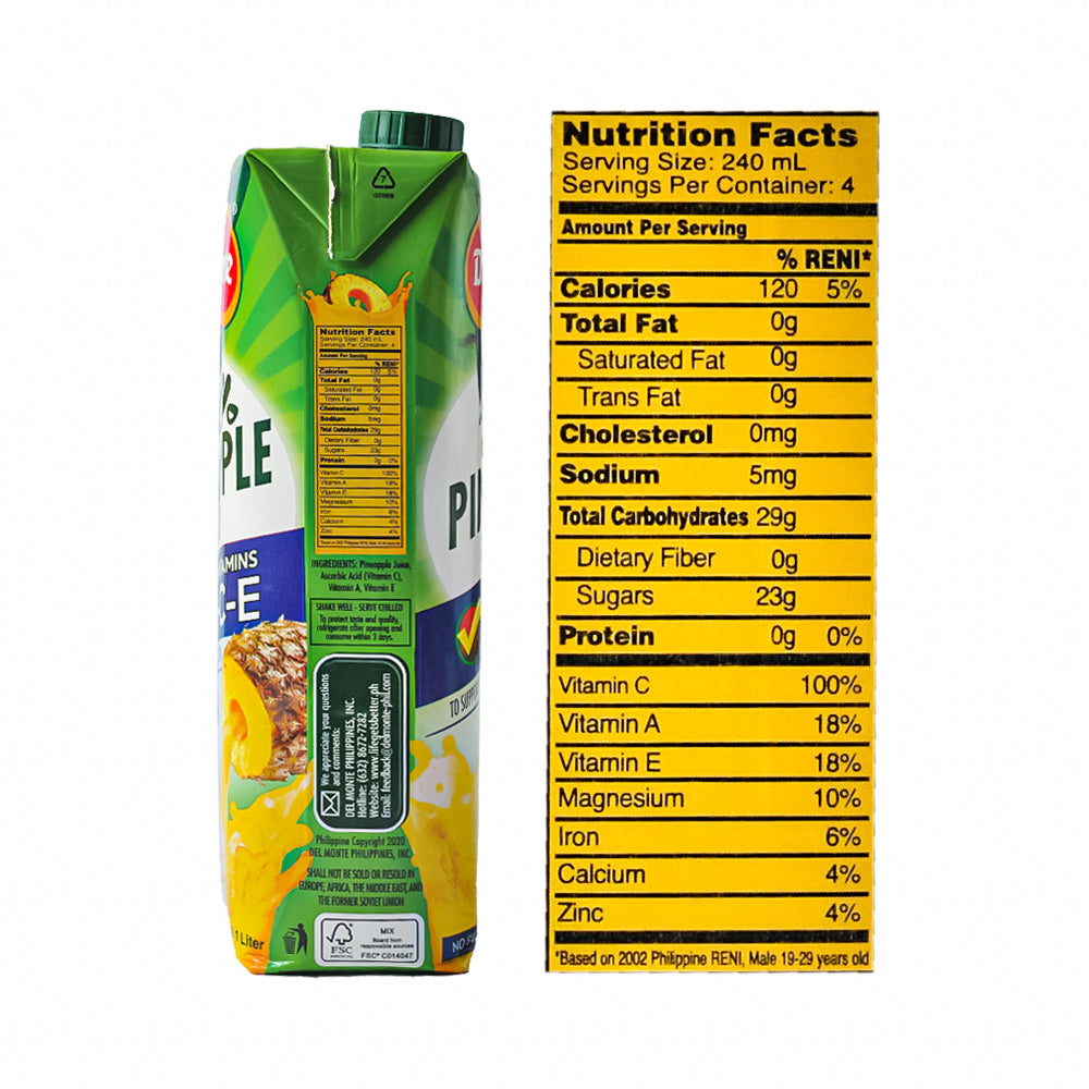 Del Monte 100% Pineapple Juice With Vitamins ACE 1L