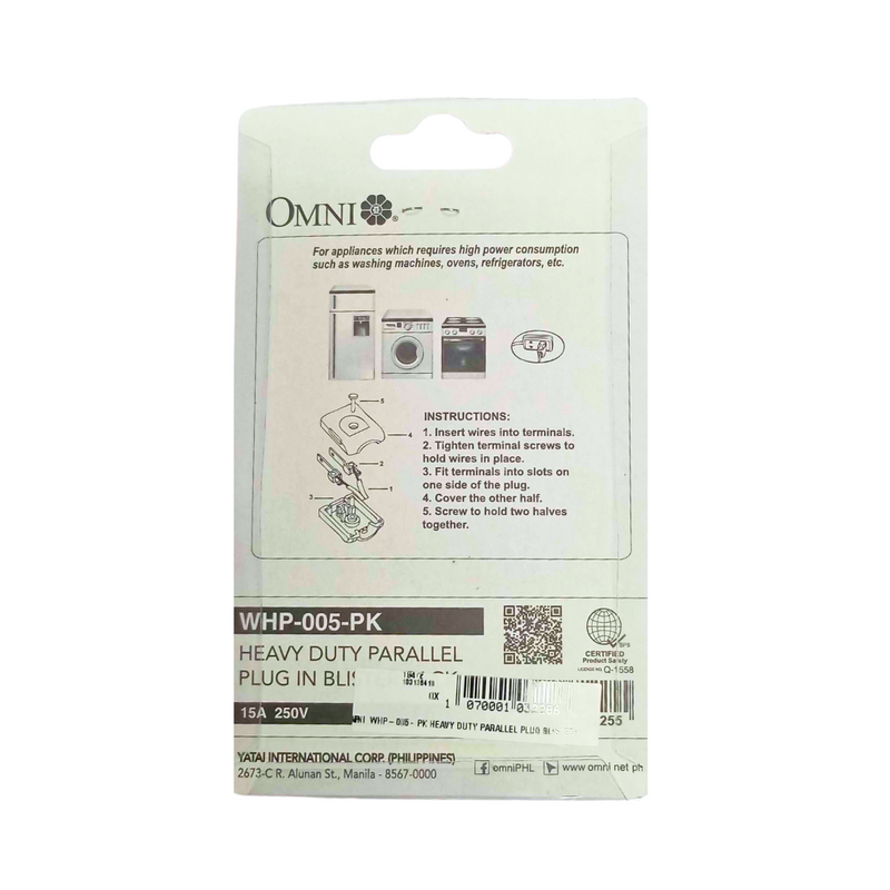 Omni Heavy Duty Parallel Plug Blister 15Amp WHP-005-PK