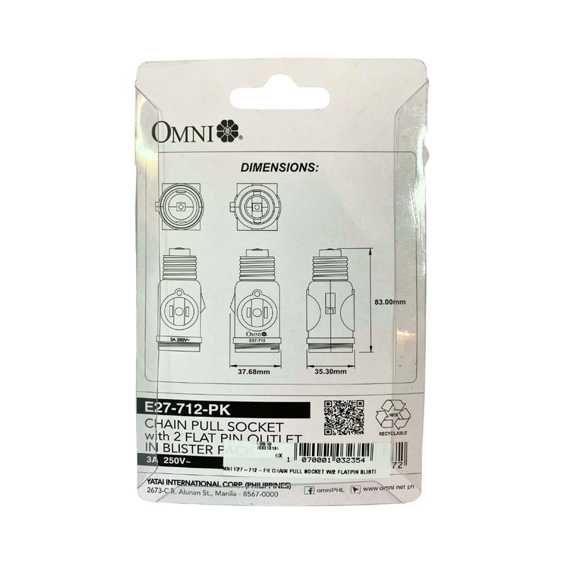 Omni E27-712-PK Chain Pull Socket with 2-Flat Pin Outlets