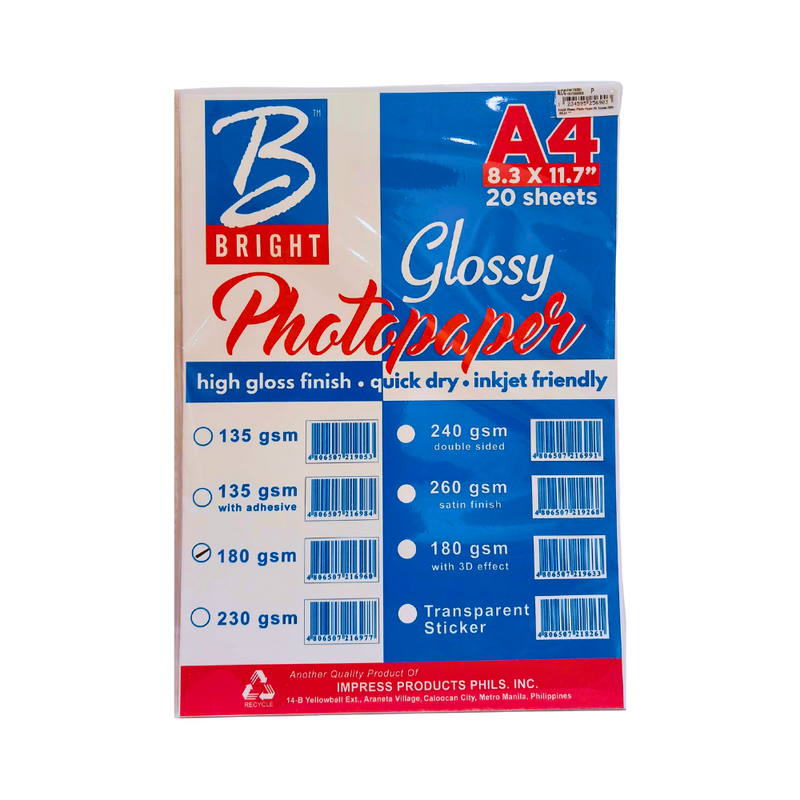 Bright Glossy Photo Paper 20 Sheets Gsm 180 A4