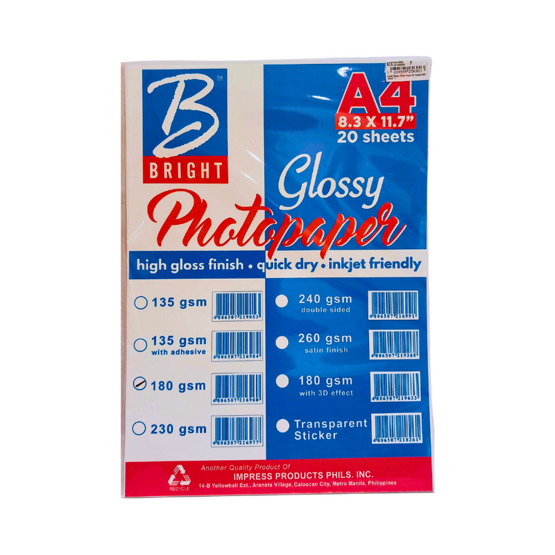 Bright Glossy Photo Paper A4 180gsm 20's