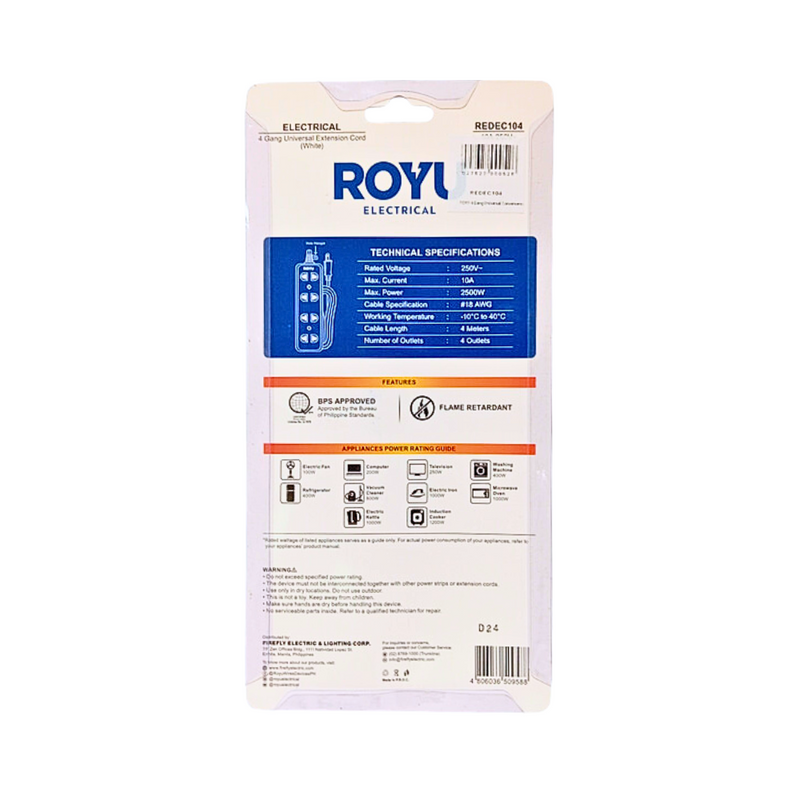 Royu 4-gang Extension Cord White 4m Redec104