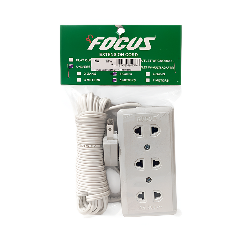 Focus 3 Gang Universal Outlet With Cord 5m