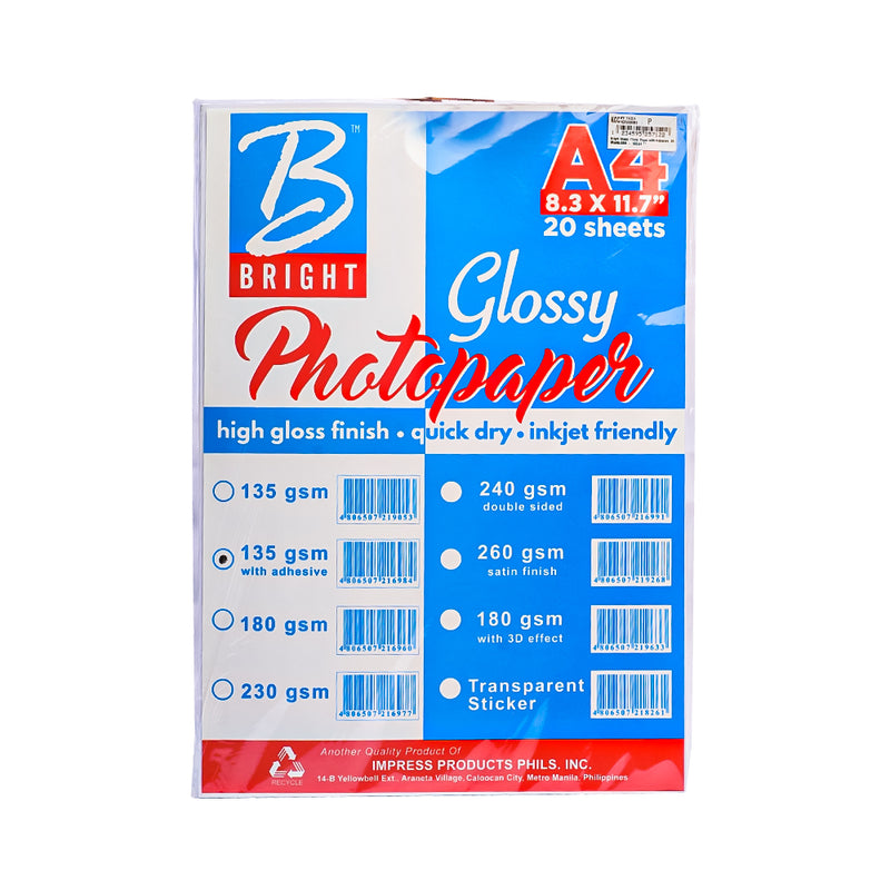 Bright Glossy Photo Paper with Adhesive A4 135gsm 20's