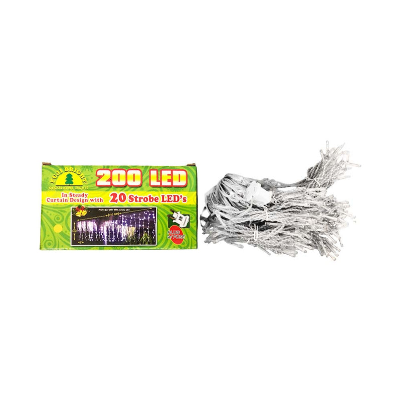 Fuji Bright 200 LED Steady Curtain Light With 20 Strobes & End Connector Clear Wire 3m