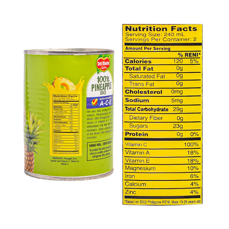 Del Monte 100% Pineapple Juice Unsweetened With Vitamins Ace 530ml