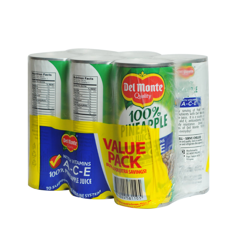 Del Monte 100% Pineapple Juice With Vitamins A-C-E (202) 220ml x 6's