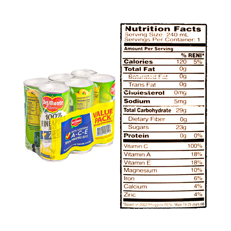 Del Monte 100% Pineapple Juice With Vitamins A-C-E (202) 220ml x 6's