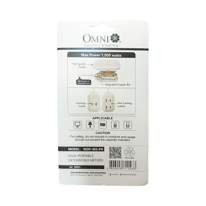 Omni WDP-303-PK Dual Portable Ext Cord 3M