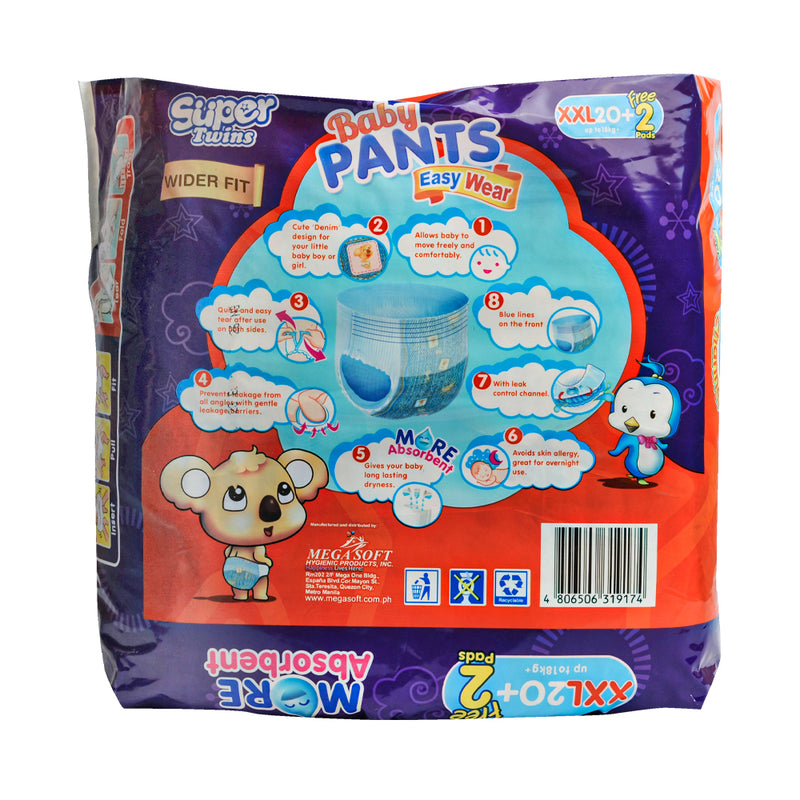 Super Twins Baby Pants Diaper Big Pack XXL 20's + 2 Free Pads