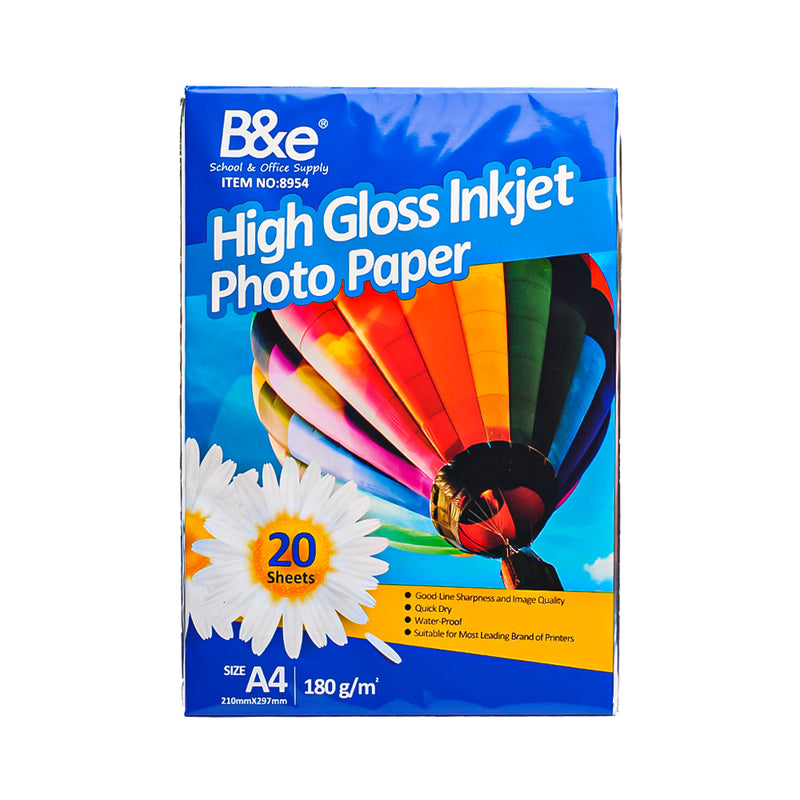 B&E High Gloss Inkjet Photo Paper A4 180gsm 20's