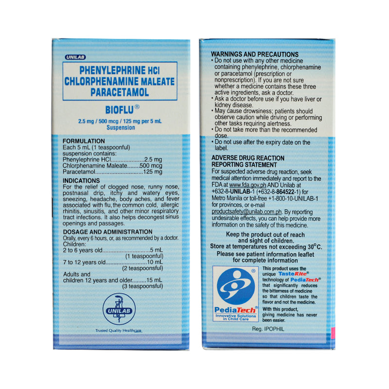 Bioflu Paracetamol 2.5mg/500mcg/125mg/5ml Suspension 60ml