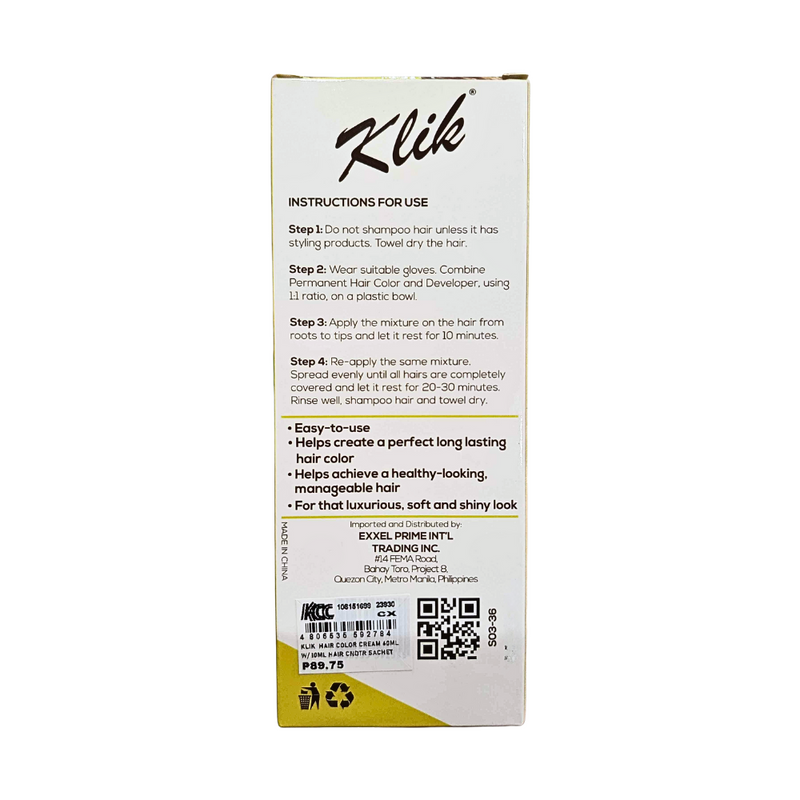 Klik Permanent Hair Color Cream 60ml With Hair Conditioner Sachet 10ml