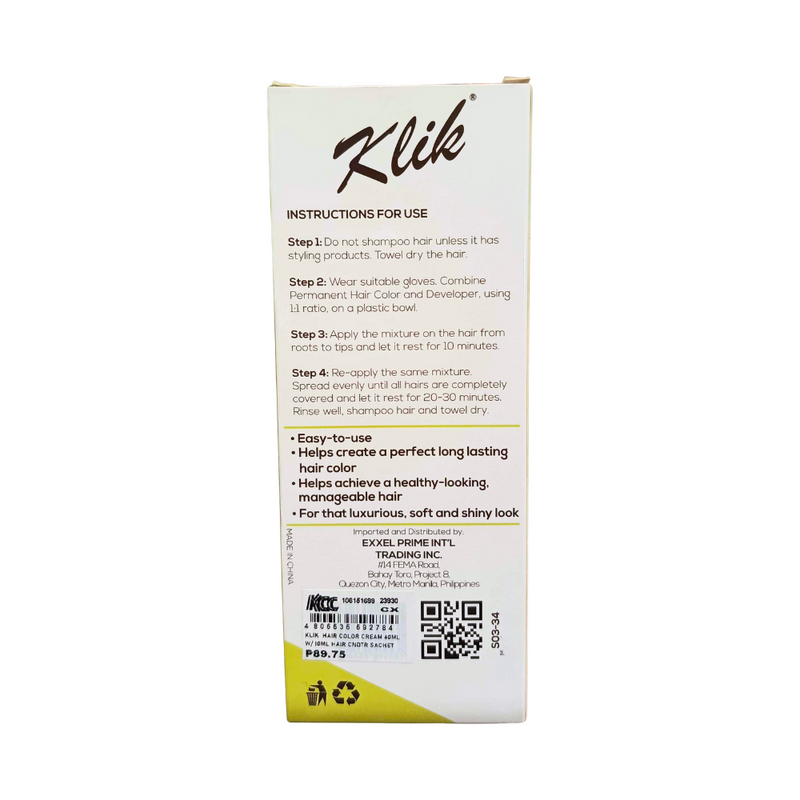 Klik Permanent Hair Color Cream 60ml With Hair Conditioner Sachet 10ml