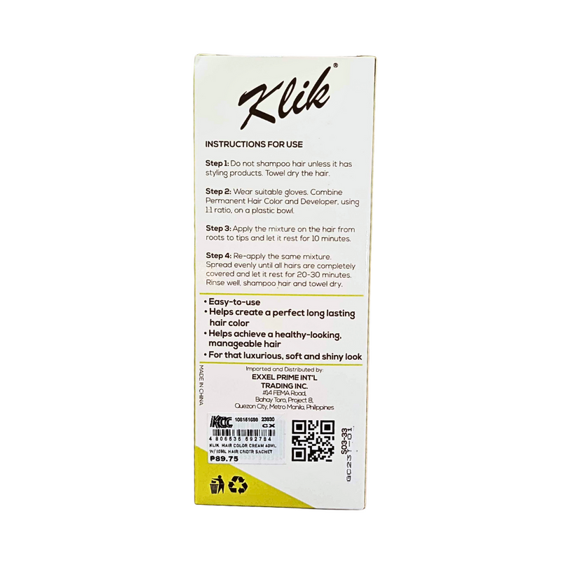 Klik Permanent Hair Color Cream 60ml With Hair Conditioner Sachet 10ml