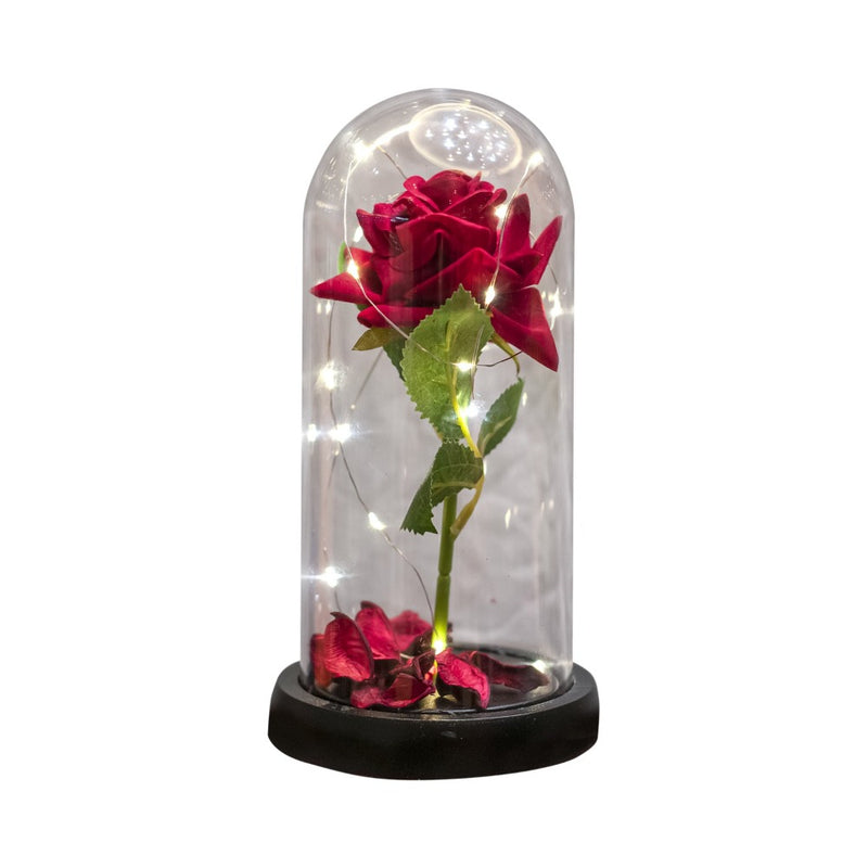 Ideal Living Artificial Rose In Glass Dome With Lights Red